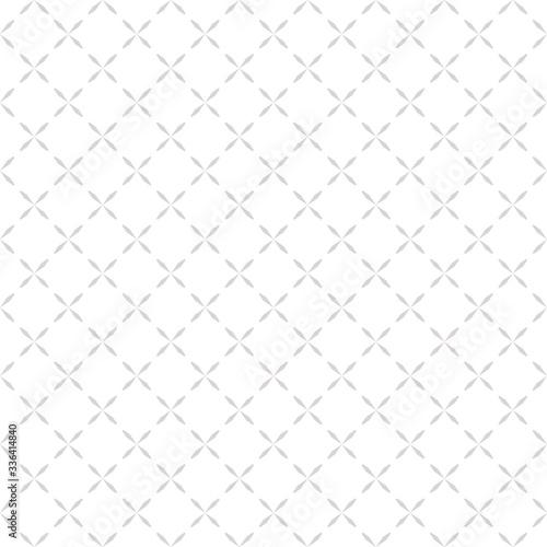 Minimalist seamless pattern with small crosses, simple floral shapes. Abstract geometric texture in soft pastel colors, white, beige. Subtle repeat background. Light elegant design for decor, prints