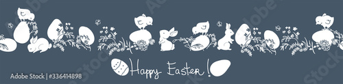 Easter eggs, bunnies, flowers. Horizontal seamless pattern. Cute background, great for Easter Cards, banner, textiles, wallpapers. Vector design