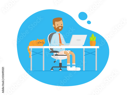 Young man working in underpants/shorts from home vector flat illustration