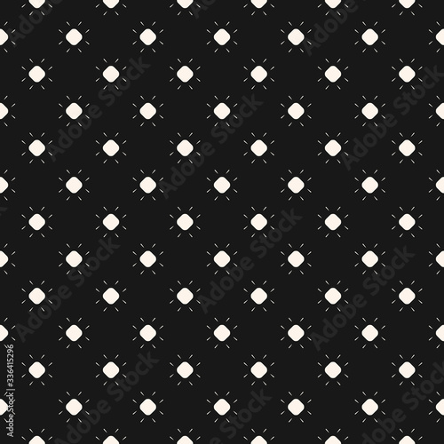 Black and white dotted vector seamless pattern. Simple geometric texture with small polka dots, circles, flowers. Illustration of sun. Abstract minimal monochrome background. Modern dark repeat design