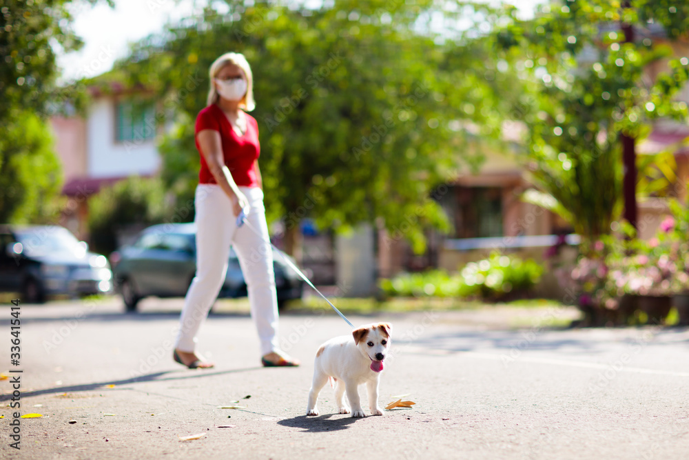 Obraz premium Family walking dog during virus outbreak