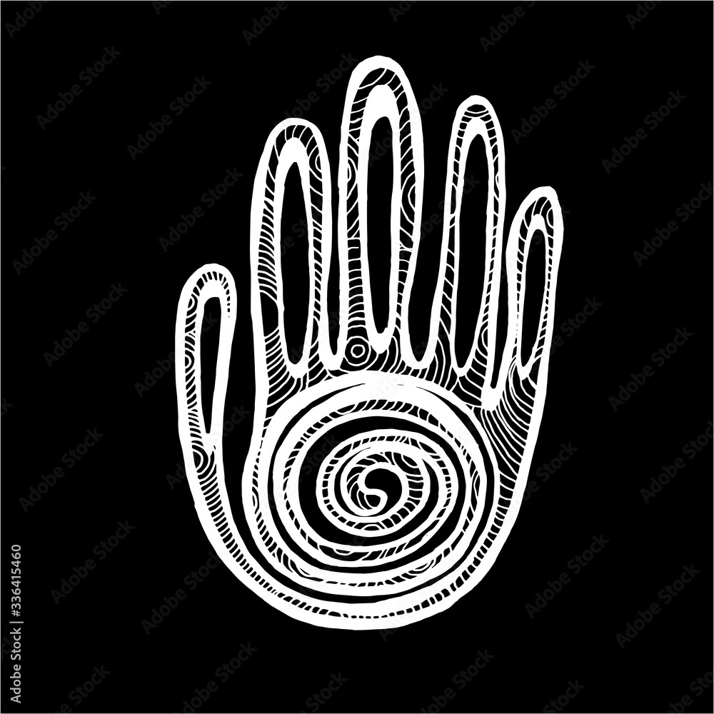 Illustration Palm with spiral ornament. The idea for a tattoo. Chalk on a blackboard. Illustration Palm with spiral ornament. The idea for a tattoo. Chalk on a blackboard.