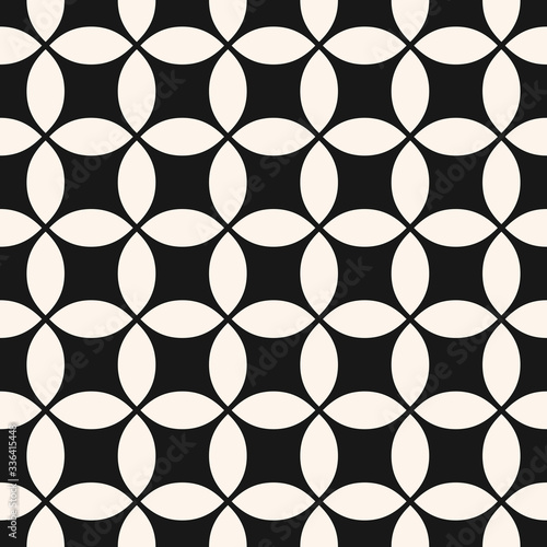 Vector geometric seamless pattern with rounded grid, net, mesh, lattice, weave, squares, circles. Simple abstract black and white background. Minimal monochrome repeat design for decor, fabric, cloth