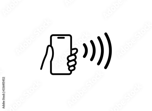 NFC technology vector icon. Hand handing Phone, Smartphone, wawe simple line outline sign. Near Field Communication