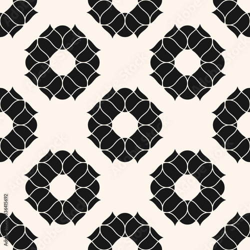 Vector floral seamless pattern. Abstract monochrome texture with flower silhouettes, asters, roses. Black and white background. Elegant geometric ornament. Repeat design for decor, textile, fabric