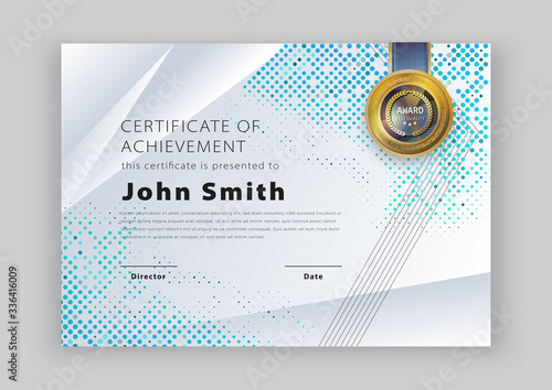 Official white certificate with blue green half tone and trianlges. Modern blank with gold emblem. Vector illustration.