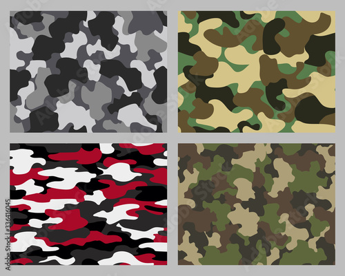 Set of camouflage seamless patterns. Abstract military or hunting camouflage backgrounds. Classic clothing style masking camo repeat print. Green brown black olive colors forest texture camouflage