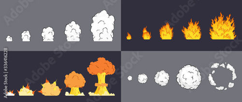 Animation of explosion effect in cartoon comic style. Cartoon explosion effect with smoke for game. Sprite sheet for cartoon fire explosion, flash game effect animation