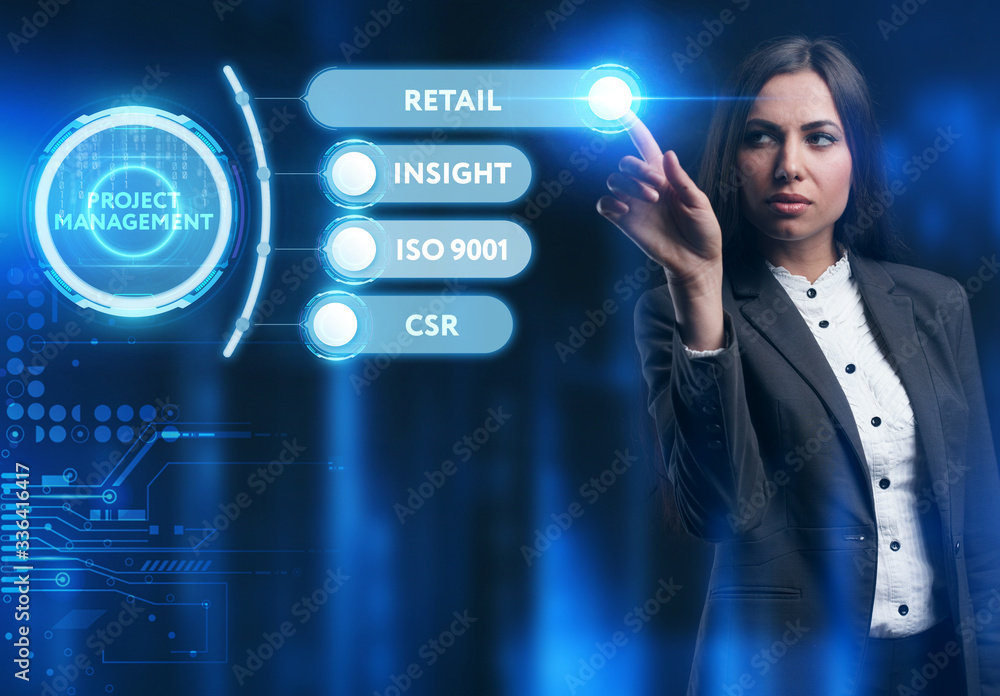 Business, Technology, Internet and network concept. Young businessman working on a virtual screen of the future and sees the inscription: Project management Business, Technology, Internet and network concept. Young businessman working on a virtual screen of the future and sees the inscription: Project management