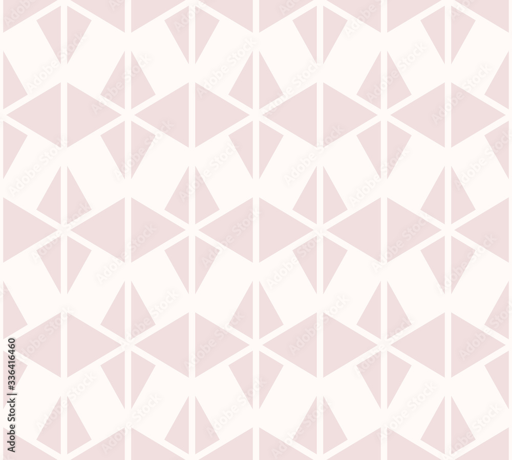 Vector geometric triangles seamless pattern. Subtle light pink and white background texture. Delicate abstract ornament with triangular shapes, rhombuses, grid. Modern geometry. Simple repeat design Vector geometric triangles seamless pattern. Subtle light pink and white background texture. Delicate abstract ornament with triangular shapes, rhombuses, grid. Modern geometry. Simple repeat design