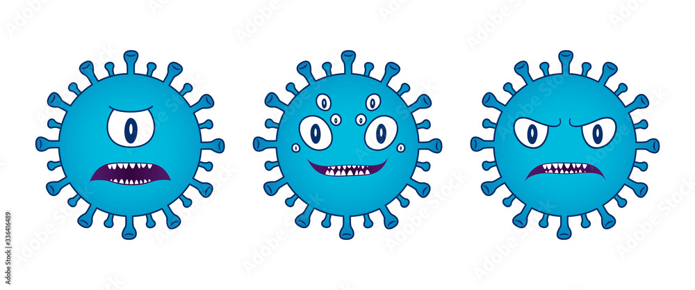 Set of three blue Viruses. Pack of Corona Virus with eyes and face. Microbiology And Virology Concept icon maskot. Dangerous pandemic smiley and emoticon. Corona-virus logo, symbol for Quarantine Set of three blue Viruses. Pack of Corona Virus with eyes and face. Microbiology And Virology Concept icon maskot. Dangerous pandemic smiley and emoticon. Corona-virus logo, symbol for Quarantine