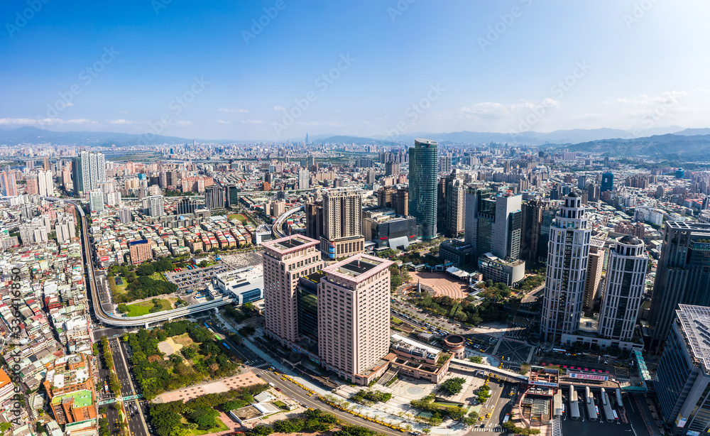 This is a view of the Banqiao district in New Taipei where many new buildings can be seen, the building in the center is Banqiao station, Skyline of New taipei city