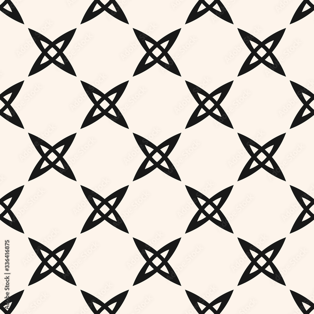 Naklejka premium Vector geometric seamless pattern with small crosses, abstract flowers, grid. Simple black and white texture. Modern minimal monochrome background. Repeating design for decor, wallpaper, fabric, cloth