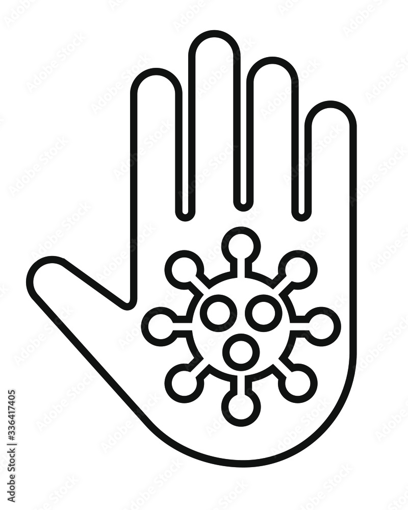 Stop Covid-19 hand sign. Coronavirus 2019-nCov Virus drawing illustration of worlwide epidemic illness. Corona global problem must be stopped. Cartoon comic style