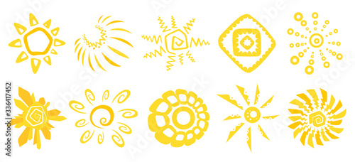 Cute funny sun icons. Bright and beautiful cartoon characters. Abstract yellow sun shapes. Hand drawn doodle suns. Suns logo icon. Vector Illustration