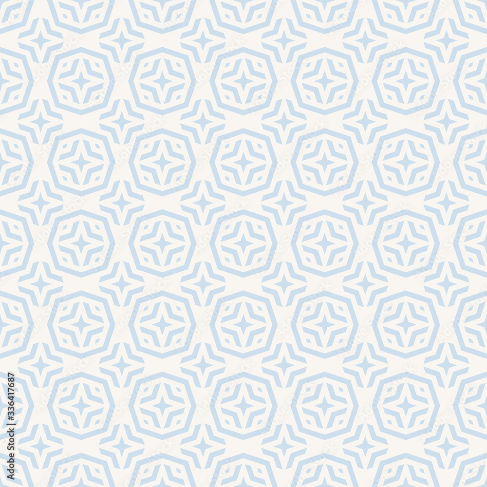 Subtle vector abstract geometric seamless pattern in oriental style. Simple background texture with lines, stars, diamonds, octagons, tiles. Elegant light blue and white ornament. Delicate design