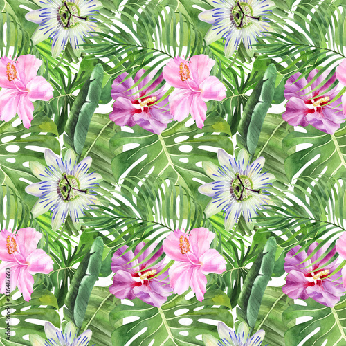 Watercolor seamless pattern with tropical leaves, passiflora, hibiscus on an isolated white background, watercolor jungle drawing.