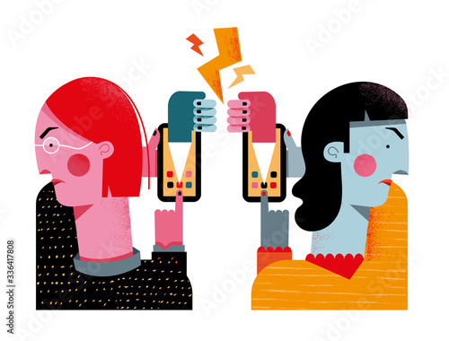 Two women fighting on social media on smart phones.