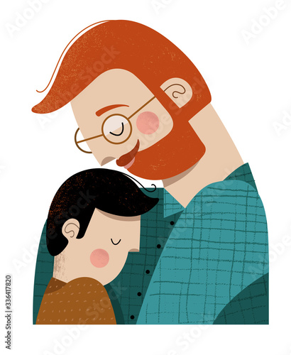A father and a son embracing. Man with red hair and teal shirt, boy with black hair and brown shirt.