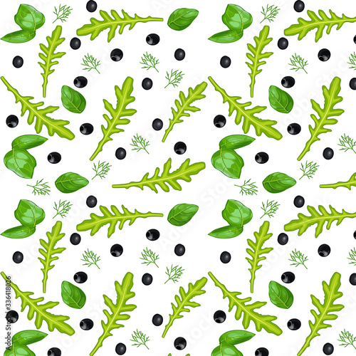 Juicy and fresh greens - parsley and dill with arugula  rucola and mita leaves and Italian olives - seamless vector pattern. Fragrant herbs and spices and olives on a white isolated background