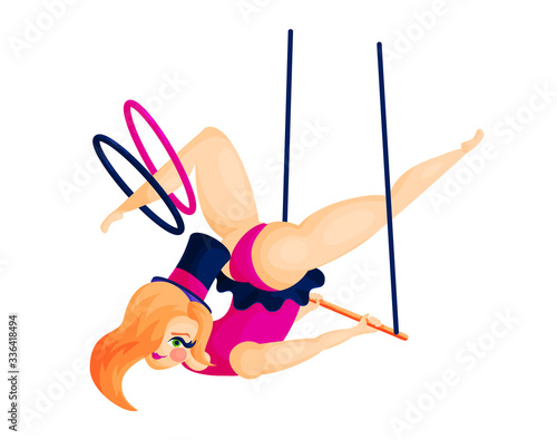 Aerial gymnast with hoops flat vector illustration