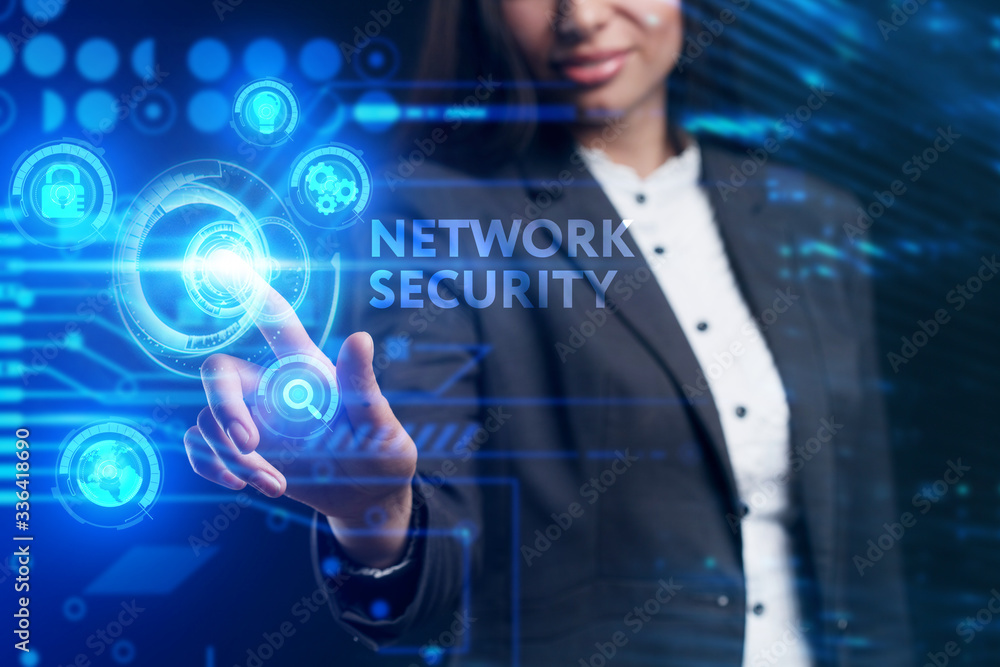 Business, Technology, Internet and network concept. Young businessman working on a virtual screen of the future and sees the inscription: Network security Business, Technology, Internet and network concept. Young businessman working on a virtual screen of the future and sees the inscription: Network security