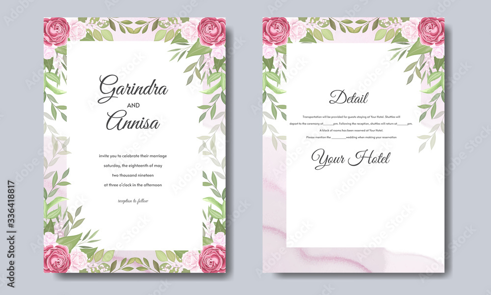 Wedding invitation card template with beautiful floral leaves Premium Vector