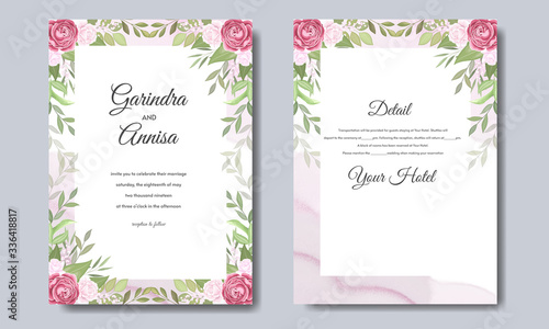 Wedding invitation card template with beautiful floral leaves Premium Vector © MARIANURINCE