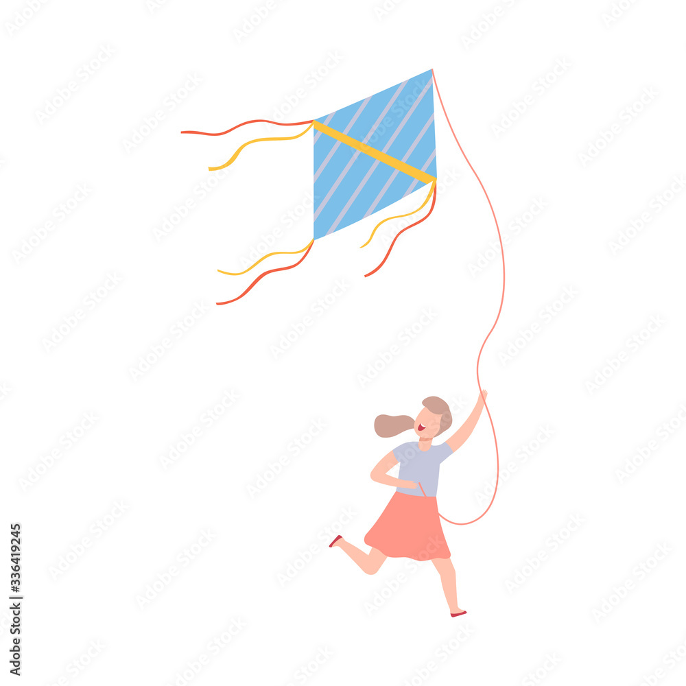 Happy Smiling Girl Flying Kite into the Sky, Outdoor Recreational Activity Vector Illustration Happy Smiling Girl Flying Kite into the Sky, Outdoor Recreational Activity Vector Illustration