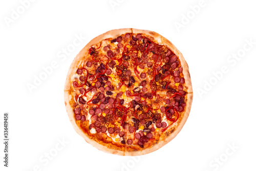 Pizza Mexico isolated on white  with kapia and chili peppers  top view