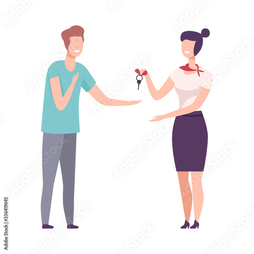 Female Real Estate Agent Giving Key to Client, Man Buying or Renting Real Estate Vector Illustration