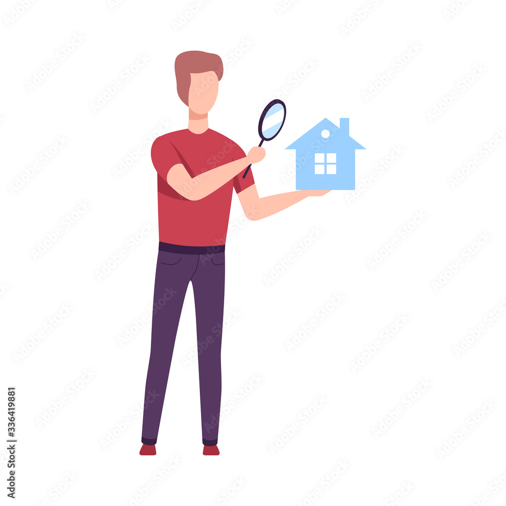 Young Man Holding Small House and Looking at it Through Magnifying Glass, Man Choosing Real Estate for Buying or Renting Vector Illustration Young Man Holding Small House and Looking at it Through Magnifying Glass, Man Choosing Real Estate for Buying or Renting Vector Illustration
