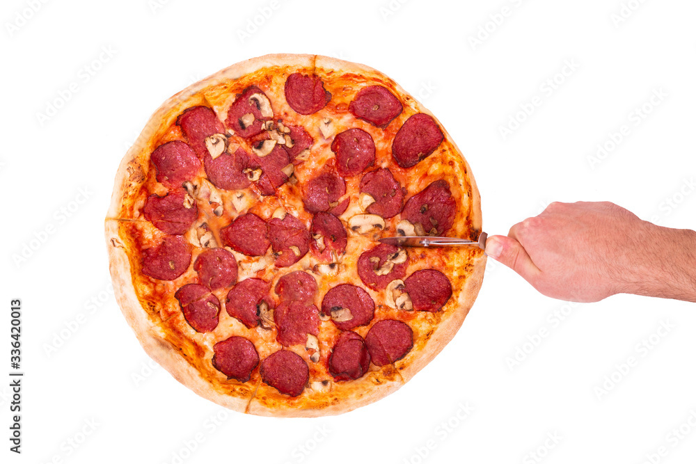 Salami pizza with mushrooms, hand cutting pizza, top view, isolated on white