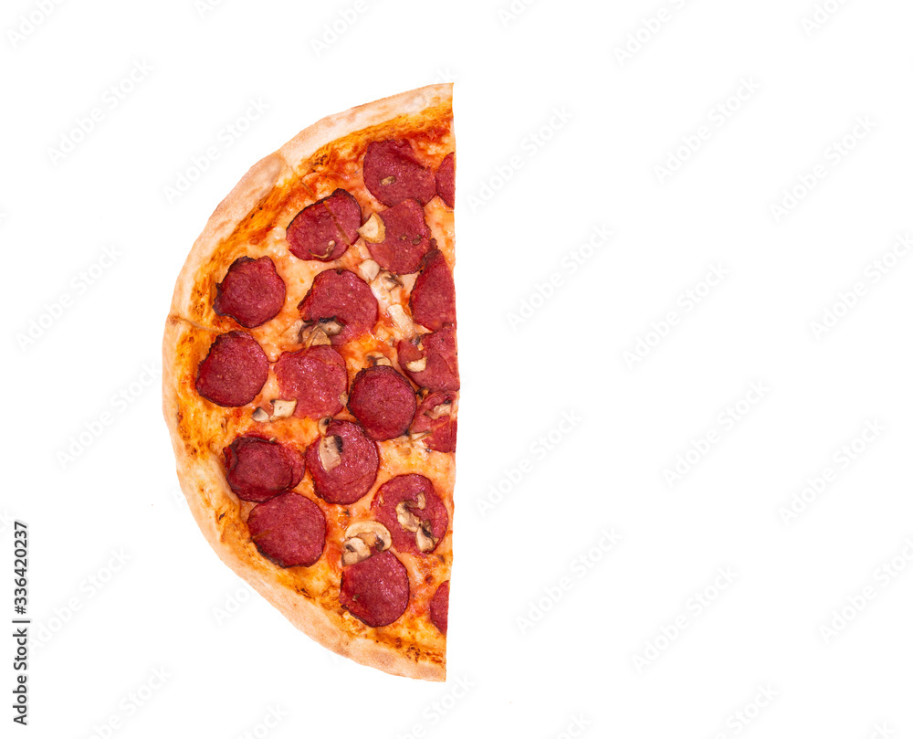Half of salami pizza with mushrooms, isolated on white, top view Half of salami pizza with mushrooms, isolated on white, top view