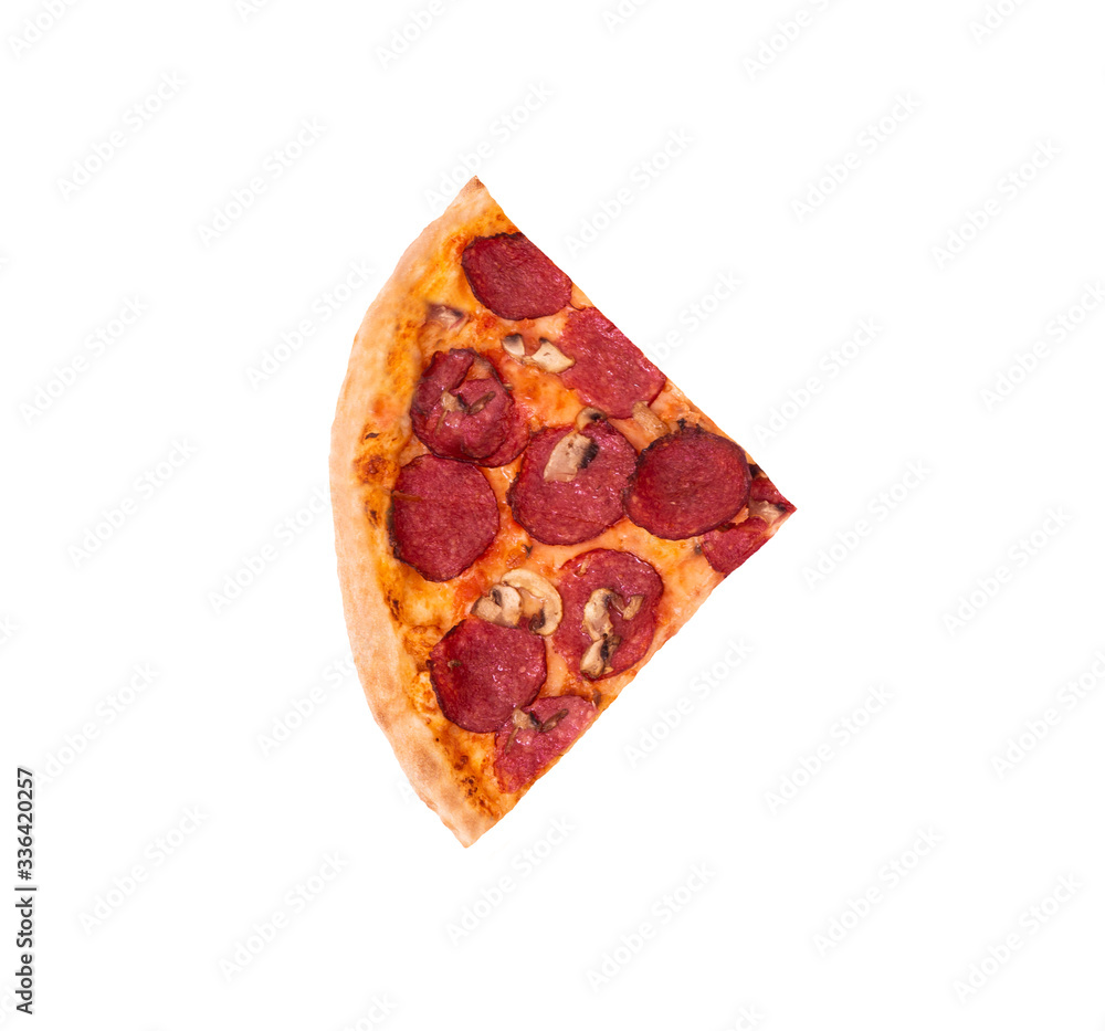 A slice of salami pizza with mushrooms, isolated on white, top view A slice of salami pizza with mushrooms, isolated on white, top view