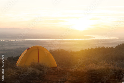 Tent of Travelers on mountain in the morning Thailand