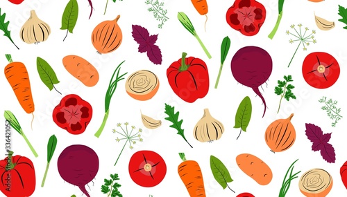 Cute vegetables seamless pattern. Flat trendy cartoon style, vector texture, vegetable background for kitchen textile