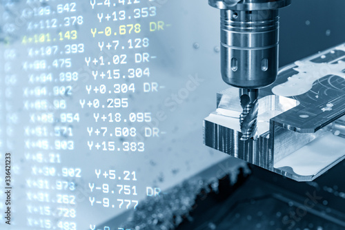 Fotografie The abstract scene of 5 axis CNC milling machine cutting the automotive parts with solid ball endmill tools
