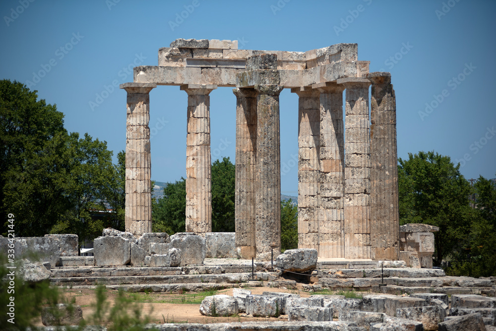 Nemea, Greece, July 27, 2016: The temple of Zeus in the ancient Nemea archeological site, Peloponnese, Greece.