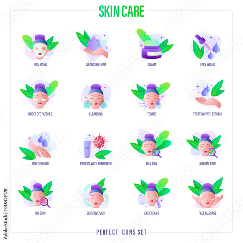 Skin care: facial mask, cleansing foam, face serum, moisturizer, under eye patches, toning, skin treatment, spf, facial massage. Gradient icons set. Vector illustration.