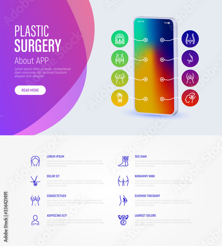 Plastic surgery web page template with copy space. Mobile app on smartphone with thin line icons. Breast enlargement, reduction, mastopexy, implant, liposuction, facelift. Vector illustration.