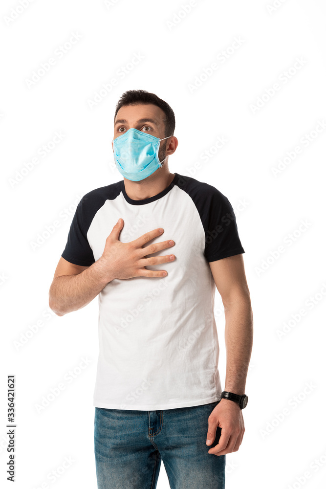 sick man in medical mask touching chest isolated on white sick man in medical mask touching chest isolated on white