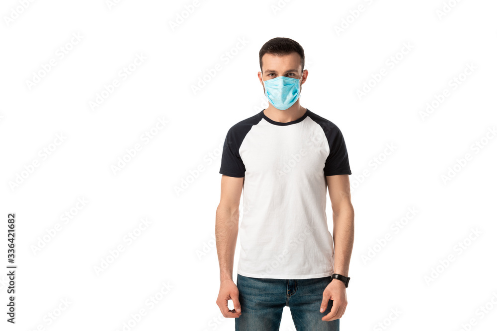 man in medical mask standing isolated on white man in medical mask standing isolated on white