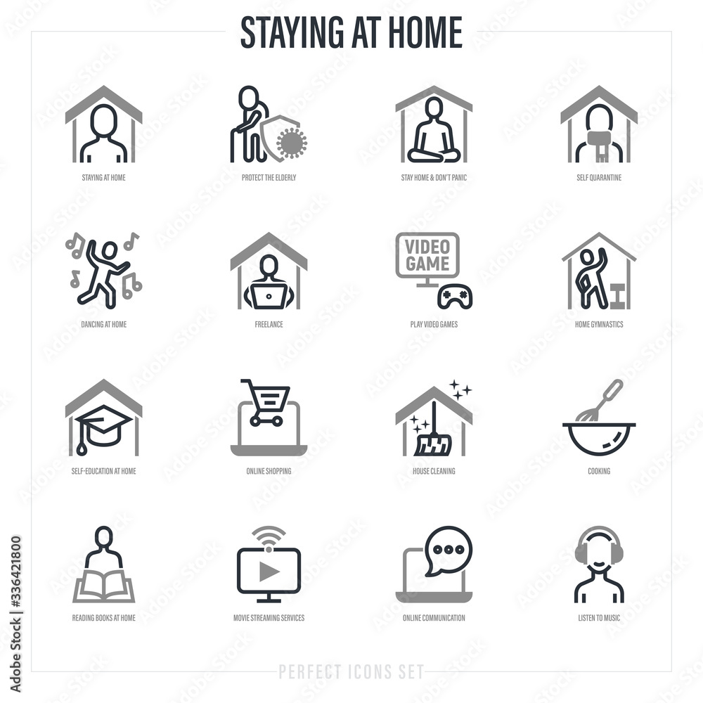 Stay at home. Self quarantine activities thin line icons set: don't panic, meditation, work at home, protect elderly, exercising, play video game, streaming, online shopping. Vector illustration.