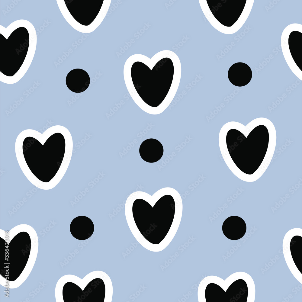 Fototapeta premium Geometric seamless pattern, black hearts on a blue background with dots, vector.