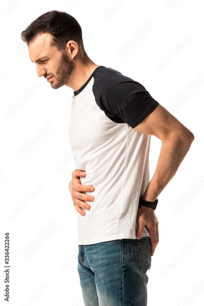 sick man touching stomach while having nausea isolated on white sick man touching stomach while having nausea isolated on white