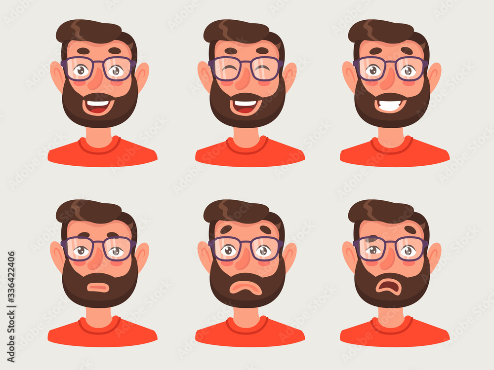 Set of male facial emotions. Bearded man emoji character with different expressions. Vector illustration in cartoon style Set of male facial emotions. Bearded man emoji character with different expressions. Vector illustration in cartoon style
