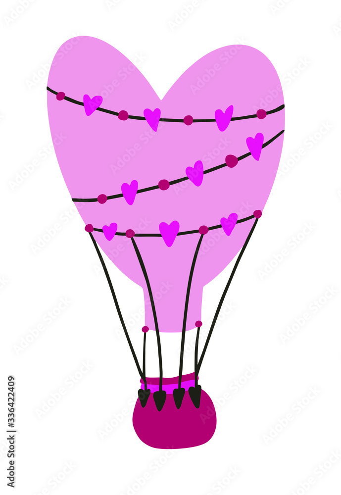 Isolated vector balloon with a basket, in the shape of a heart, on a transparent background.