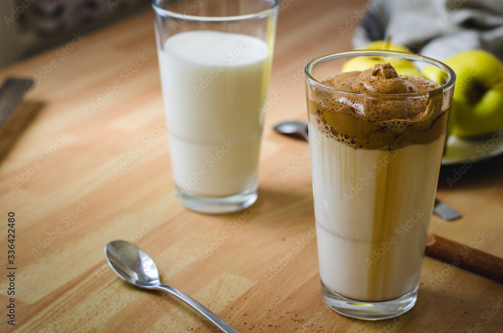 A glass of whipped dalgona coffee A glass of whipped dalgona coffee