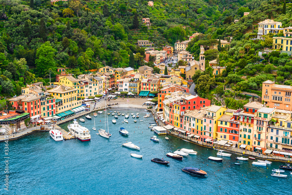 Aerial view of Portofino colorful village and port in Genoa area, on the Iralian riviera, Italy